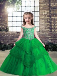Green Ball Gowns Tulle Off The Shoulder Sleeveless Beading and Lace and Appliques Floor Length Lace Up Kids Pageant Dress