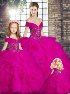 Tulle Off The Shoulder Sleeveless Lace Up Beading and Ruffles Quinceanera Gowns in Fuchsia