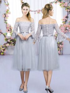 Trendy Tulle 3 4 Length Sleeve Tea Length Vestidos de Damas and Lace and Belt