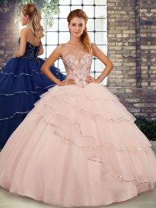 Peach Sweetheart Lace Up Beading and Ruffled Layers Sweet 16 Dresses Brush Train Sleeveless