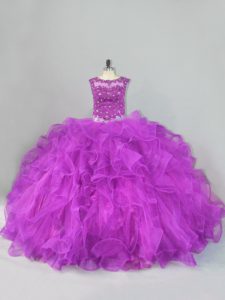 Beautiful Purple Sleeveless Floor Length Beading and Ruffles Lace Up Quince Ball Gowns