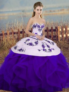 White And Purple Sleeveless Embroidery and Ruffles and Bowknot Floor Length Quinceanera Gowns
