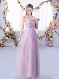 Exquisite V-neck Sleeveless Tulle Dama Dress Lace and Belt Side Zipper
