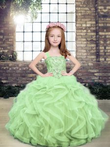 Hot Selling Yellow Green Tulle Lace Up Child Pageant Dress Sleeveless Floor Length Beading and Ruffles
