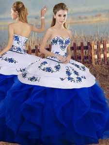 Sleeveless Floor Length Embroidery and Ruffles and Bowknot Lace Up Ball Gown Prom Dress with Royal Blue