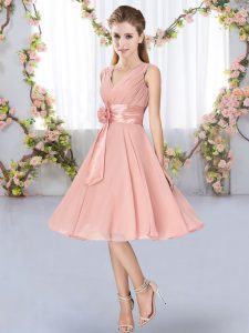 Nice Knee Length Pink Quinceanera Dama Dress Chiffon Sleeveless Hand Made Flower