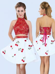 Elegant White And Red Sleeveless Mini Length Lace and Pattern Lace Up Court Dresses for Sweet 16