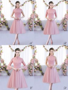 Glorious A-line Quinceanera Dama Dress Pink High-neck Tulle Cap Sleeves Tea Length Zipper