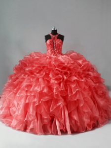 Best Sleeveless Organza Brush Train Zipper Sweet 16 Quinceanera Dress in Coral Red with Beading and Ruffles