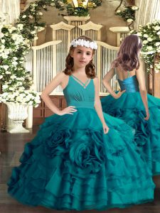 Admirable Teal Sleeveless Floor Length Ruffled Layers and Hand Made Flower Zipper Pageant Gowns For Girls