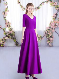 Eggplant Purple Zipper V-neck Ruching Quinceanera Court of Honor Dress Satin Half Sleeves