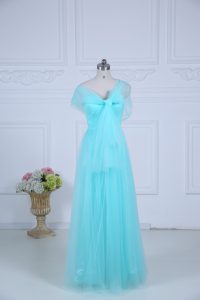 Straps Sleeveless Dama Dress for Quinceanera Floor Length Ruching Aqua Blue Tulle