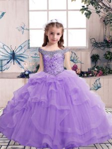 Off The Shoulder Sleeveless Little Girls Pageant Gowns Floor Length Beading and Ruffles Lavender Tulle