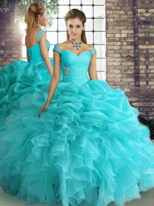 Trendy Aqua Blue Organza Lace Up Off The Shoulder Sleeveless Floor Length 15 Quinceanera Dress Beading and Ruffles and Pick Ups