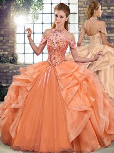 Orange Ball Gowns Beading and Ruffles Sweet 16 Dresses Lace Up Organza Sleeveless Floor Length