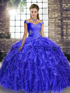 Superior Royal Blue Sleeveless Brush Train Beading and Ruffles Quince Ball Gowns