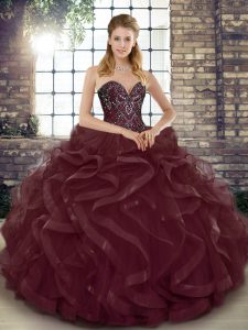 Burgundy Ball Gowns Beading and Ruffles 15th Birthday Dress Lace Up Tulle Sleeveless Floor Length
