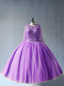 Affordable Long Sleeves Floor Length Beading Lace Up Quince Ball Gowns with Lavender