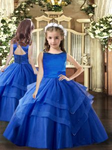 Sleeveless Tulle Floor Length Lace Up Little Girls Pageant Dress in Royal Blue with Ruffled Layers