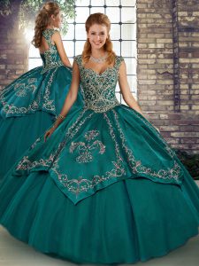 Teal Tulle Lace Up Straps Sleeveless Floor Length Sweet 16 Dress Beading and Embroidery