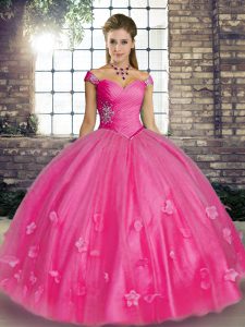 Fine Floor Length Lace Up Sweet 16 Dresses Hot Pink for Military Ball and Sweet 16 and Quinceanera with Beading and Appliques