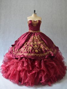 Strapless Sleeveless Quinceanera Gowns Brush Train Beading and Embroidery Burgundy Organza