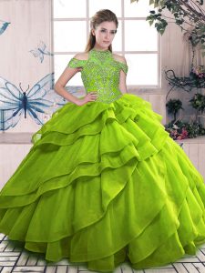 Luxurious Olive Green Ball Gowns Beading and Ruffled Layers Quince Ball Gowns Lace Up Organza Sleeveless Floor Length