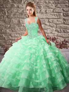 Fashionable Apple Green Organza Lace Up Straps Sleeveless Quinceanera Dress Court Train Beading and Ruffled Layers