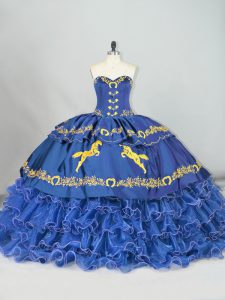 Glorious Blue Satin and Organza Lace Up Sweetheart Sleeveless Ball Gown Prom Dress Brush Train Embroidery and Ruffled Layers