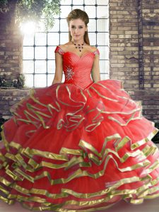 Fine Coral Red Off The Shoulder Lace Up Beading and Ruffled Layers 15 Quinceanera Dress Sleeveless
