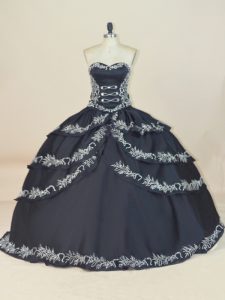 Captivating Black Ball Gowns Sweetheart Sleeveless Satin Floor Length Lace Up Embroidery Sweet 16 Dress