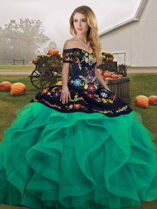 Nice Floor Length Turquoise 15 Quinceanera Dress Off The Shoulder Sleeveless Lace Up