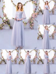 Stunning Grey Half Sleeves Floor Length Lace and Belt Side Zipper Dama Dress for Quinceanera