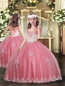 Cheap Ball Gowns Pageant Dress for Teens Watermelon Red Straps Tulle Sleeveless Floor Length Lace Up