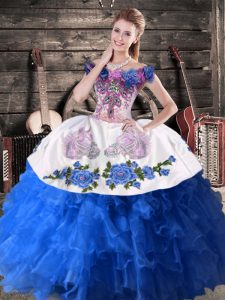 Blue And White Lace Up Off The Shoulder Appliques Quinceanera Gowns Satin and Organza Sleeveless