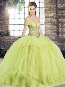 Latest Yellow Green Tulle Lace Up Off The Shoulder Sleeveless Floor Length Quinceanera Dresses Beading and Ruffles