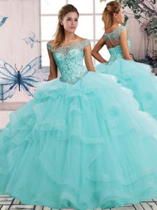 Aqua Blue Tulle Lace Up Sweet 16 Dress Sleeveless Floor Length Beading and Ruffles