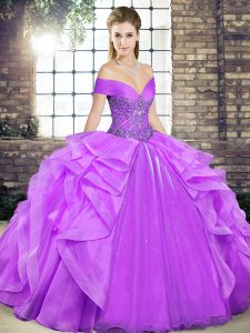 Lavender Sleeveless Floor Length Beading and Ruffles Lace Up Ball Gown Prom Dress