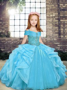 Aqua Blue Straps Lace Up Beading and Ruffles Kids Formal Wear Sleeveless