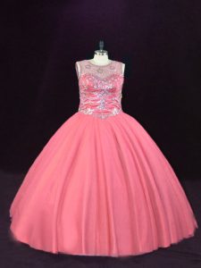 Simple Tulle Scoop Sleeveless Lace Up Beading Sweet 16 Dresses in Pink