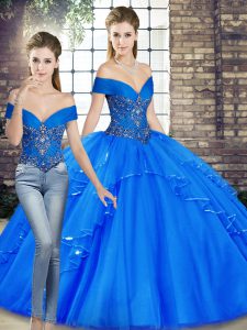 Off The Shoulder Sleeveless Tulle 15 Quinceanera Dress Beading and Ruffles Lace Up