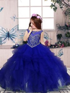 Scoop Sleeveless Lace Up Kids Formal Wear Royal Blue Organza