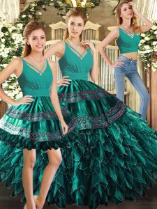 Clearance Appliques and Ruffles Ball Gown Prom Dress Turquoise Backless Sleeveless Floor Length