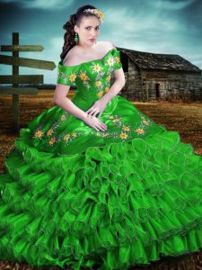 High Quality Green Organza Lace Up Vestidos de Quinceanera Sleeveless Floor Length Embroidery and Ruffles