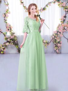 Apple Green Scoop Side Zipper Lace and Belt Quinceanera Court Dresses Half Sleeves