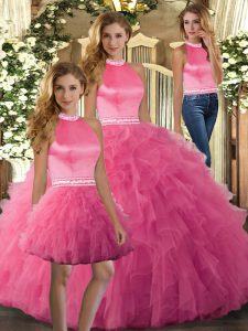 Hot Pink Backless Halter Top Ruffles Sweet 16 Dresses Tulle Sleeveless