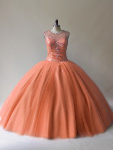 Modern Orange Lace Up Quinceanera Gown Beading Sleeveless Floor Length