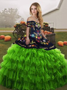 Green Ball Gown Prom Dress Military Ball and Sweet 16 and Quinceanera with Embroidery and Ruffled Layers Off The Shoulder Sleeveless Lace Up