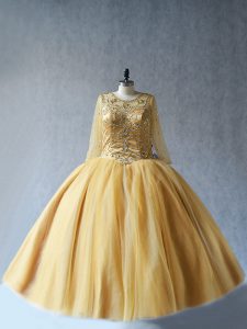 Scoop Sleeveless Lace Up Quinceanera Dresses Gold Tulle