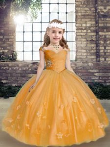 Beauteous Floor Length Lace Up Little Girl Pageant Dress Gold for Party and Wedding Party with Beading and Hand Made Flower